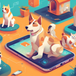 Create a vibrant and heartwarming illustration of a digital landscape where animals and technology merge. Show a diverse group of adorable pets, like dogs and cats, happily interacting with a futuristic blockchain interface. Include elements like paw prints and digital tokens symbolizing pet adoption. The background should feature a welcoming shelter environment, showcasing people using their phones to adopt pets through the blockchain, capturing the essence of innovation in animal welfare.