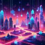 Create an illustration depicting the concept of Analog Blockchain, showcasing a futuristic city that seamlessly integrates digital elements with physical objects. Include elements like glowing digital interfaces interacting with traditional architecture, people using tangible blockchain technology like physical tokens, and a vibrant network of interconnected nodes flowing between digital and physical realms. The scene should express harmony and innovation, symbolizing the connection between the digital and physical worlds.