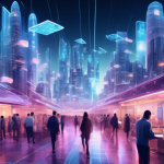 Create an artistic representation of a futuristic cityscape where digital transactions are seamlessly integrated into daily life. Highlight the concept of 'Andrew Blockchain' as a central theme, featuring glowing blockchain links connecting buildings, people using digital wallets, and holographic displays showcasing transaction data. The scene should evoke a sense of innovation, connectivity, and efficiency in the world of finance, with a vibrant color palette and a modern aesthetic.